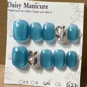 Manicure Press On Nails Teal Blue Cat Eye Rhinestone Accent Short Square M